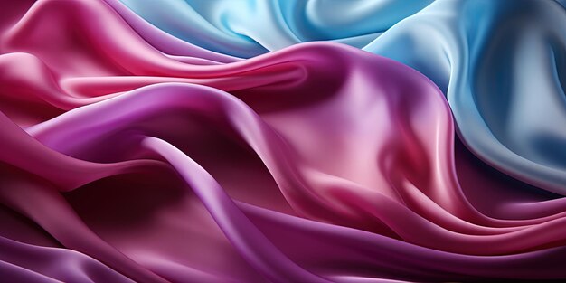 Satim de seda tuquesa rosa gradiente dobras onduladas superfície de tecido brilhante fundo azul púrpura bonito com espaço para design