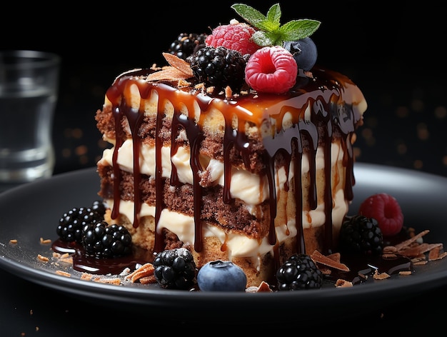 Satisfaça seus sentidos Closeup de um pedaço de bolo delicioso em uma mesa preta
