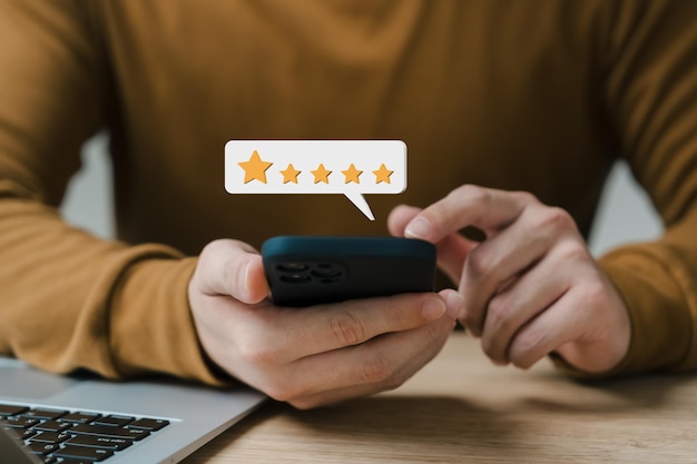 Satisfação do cliente conceito de pesquisa satisfação de 5 estrelas classificação de experiência de serviço aplicação on-line avaliação do cliente qualidade do produto serviço satisfação feedback revisão boa qualidade mais