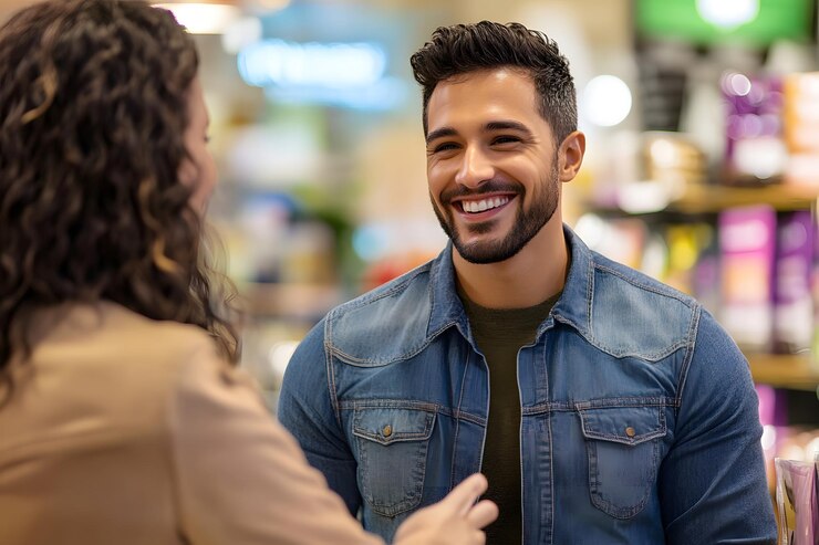 Foto satisfação do cliente interação feliz com o representante da marca