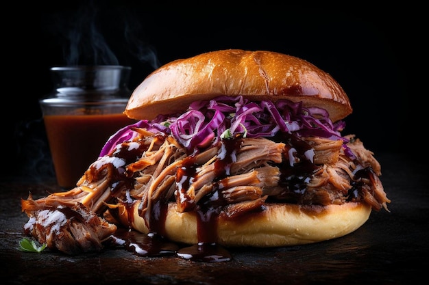 Foto satisfatório bbq pulled pork sandwich magia em fundo branco