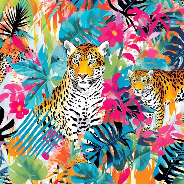 Foto saturado salvaje brillante tropical positivo alegre multicolor abstracto patrón de verano sin costura trópicos con palmeras hojas de plátano pájaros y manchas de animales salvajes tigre y leopardo