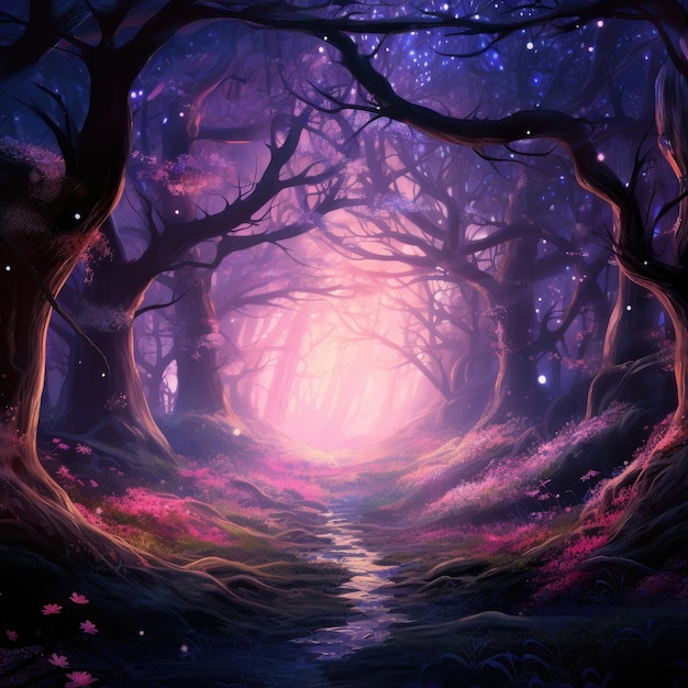 Saturated Twilight Magic Ein bezaubernder handgemalter Fantasiewald mit lila und rosa Glitzern und