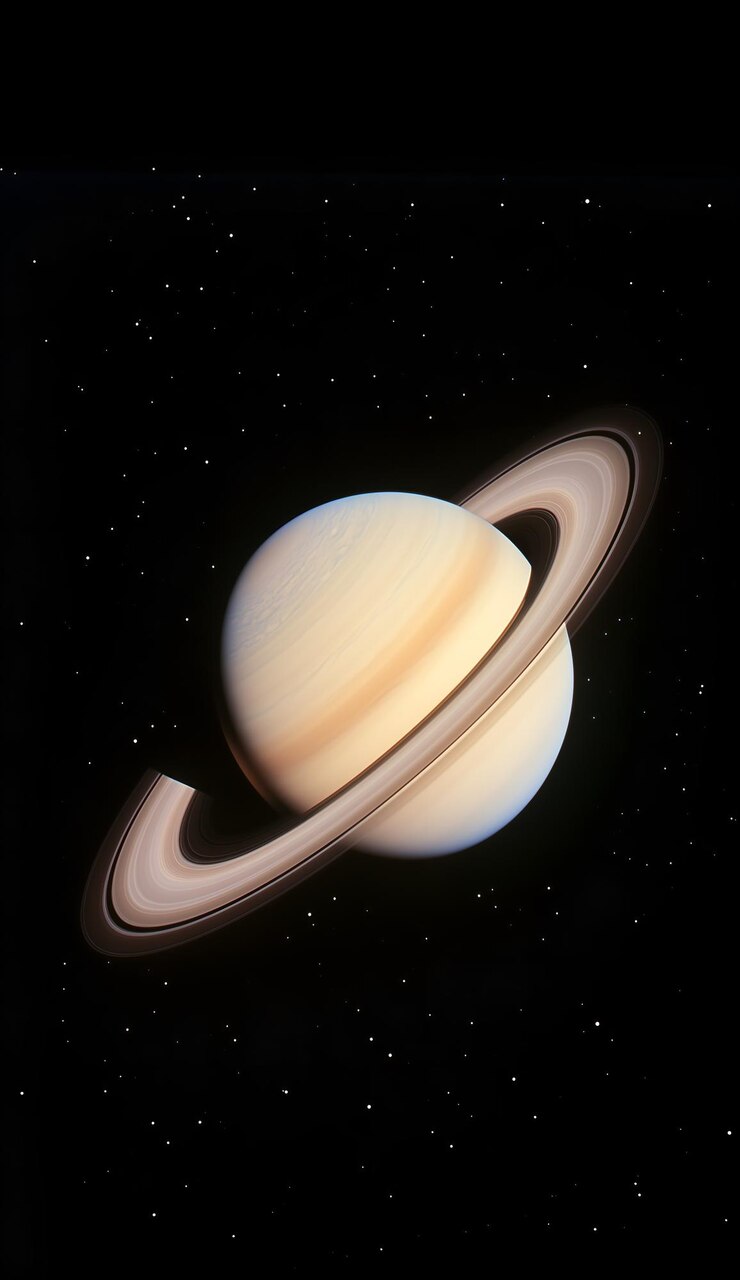 Foto saturno com seus majestosos anéis lançando sombras flutuando na vastidão do espaço com estrelas distantes