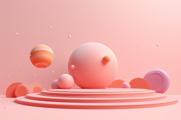Saturnos coloridos ocupam o centro do palco Renderização 3D da apresentação do produto Kid em um pedestal rosa pastel