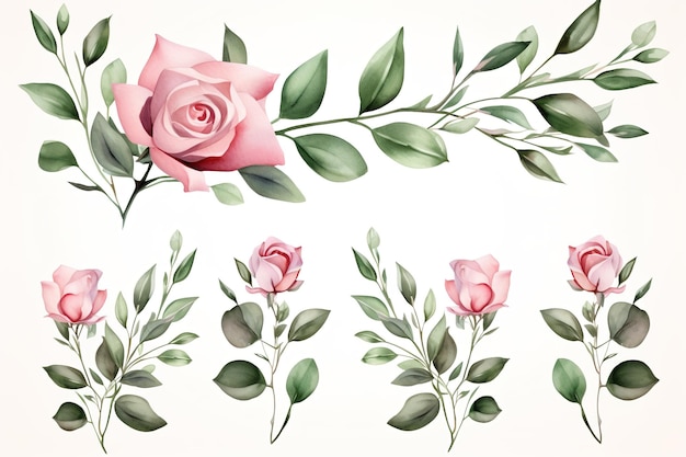 Satz Aquarell-Blumenrahmen mit rosa Rose
