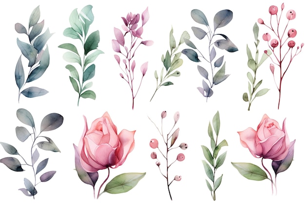 Satz Aquarell-Blumenrahmen mit rosa Rose