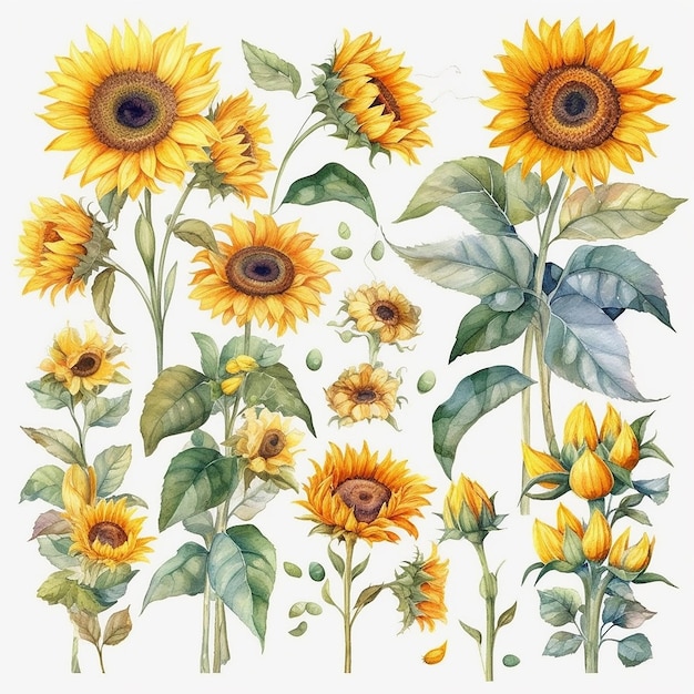 Satz Aquarell-Sonnenblumen auf weißem Hintergrund