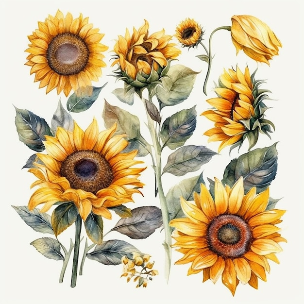 Satz Aquarell-Sonnenblumen auf weißem Hintergrund