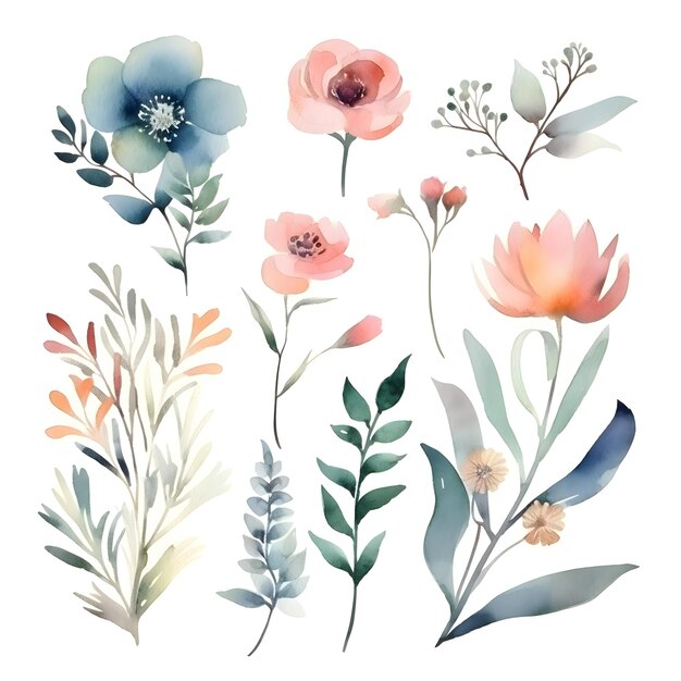 Foto satz aquarellblumen und -blätter handgezeichnete vektorillustration