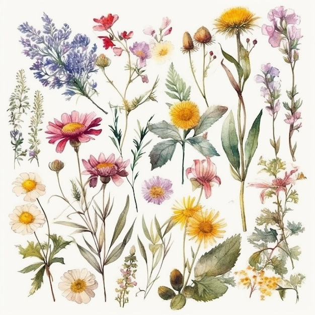 Satz Aquarellblumen, wilde Blumenblätter, isoliert auf weißem Hintergrund