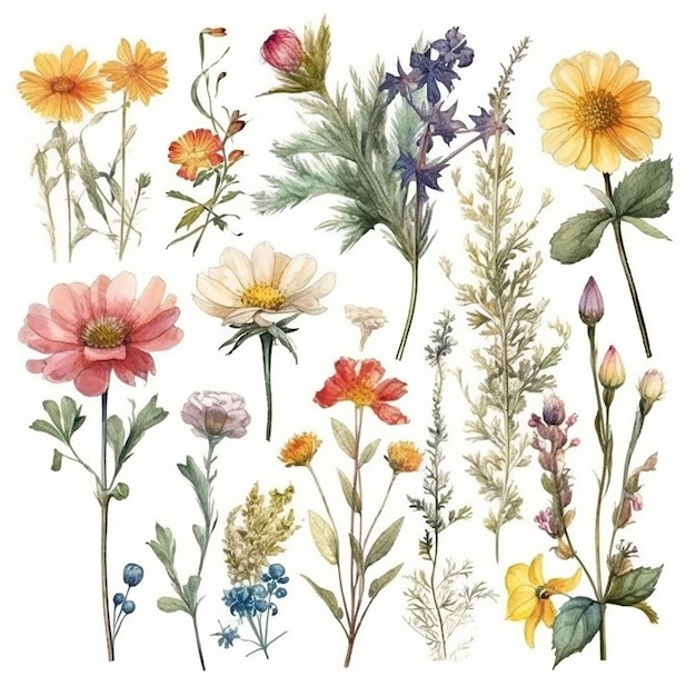 Satz Aquarellblumen, wilde Blumenblätter, isoliert auf weißem Hintergrund
