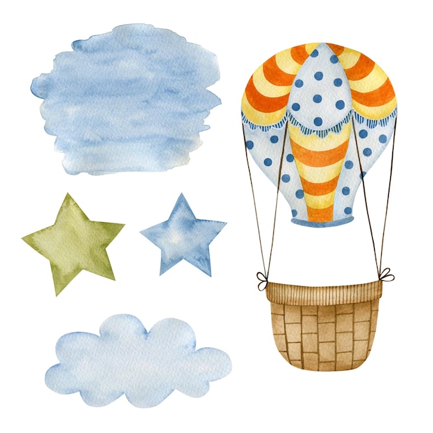 Foto satz aquarellillustrationen, heißluftballon, sterne, wolke, aquarellfleck. alles gute zum geburtstag junge