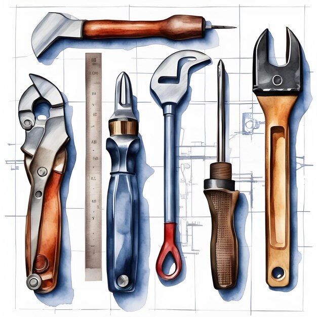 Satz der notwendigen Baugeräte Akvarell handgemalte isolierte Illustration auf weißem Hintergrund