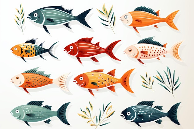 Satz farbenfroher Fisch-Ikonen auf weißem Hintergrund, handgezeichneter Skizze-Stil, Marine-Lebens-Illustration