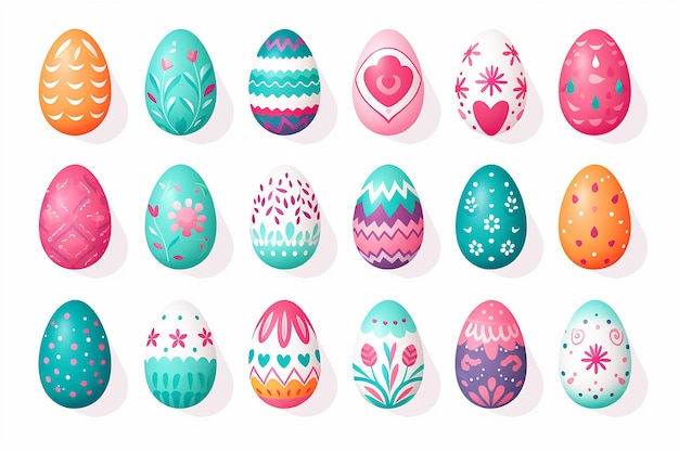 Satz farbenfroher flacher Design-Droodle Happy Easter Eggs Vektorillustrationen von Kaninchen, Kaninchen und Ikonen, die mit Blumen geschmückt sind
