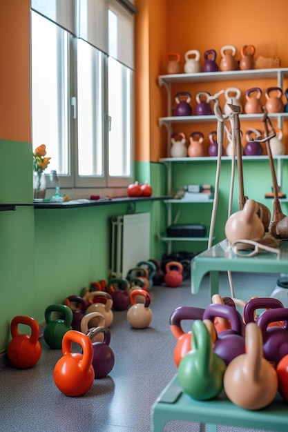 Foto satz hanteln und kettlebells in der klinik, erstellt mit generativer ki