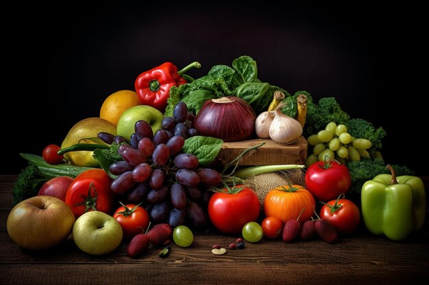 Satz helles frisches Gemüse und Obst auf dem Tisch Lebensmittelhintergrund weiches Licht Werbefotografie kommerzielle Fotografie generative KI