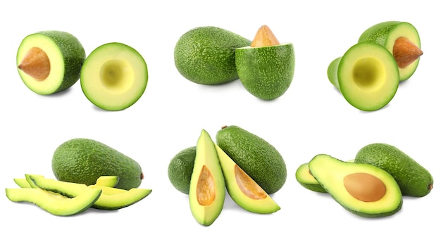 Satz köstliche frische Avocados auf weißem Hintergrund