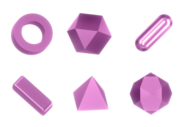 Satz primitiver 3D-Objekte für Dekoration und Hintergrund in rosa Farben