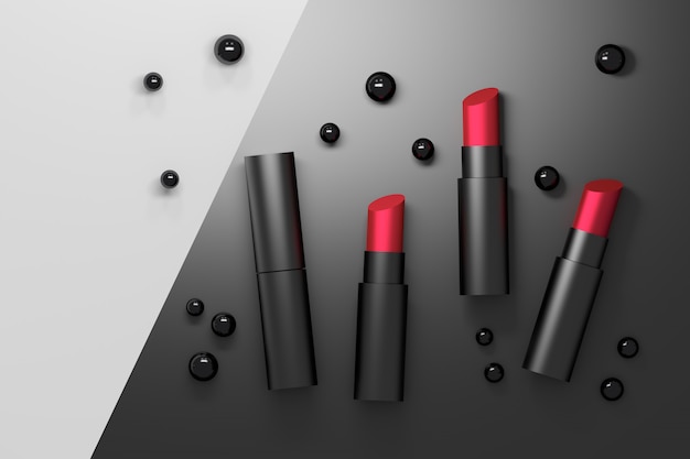 Satz rote Lippenstifte in den schwarzen Rohren mit schwarzen Perlen