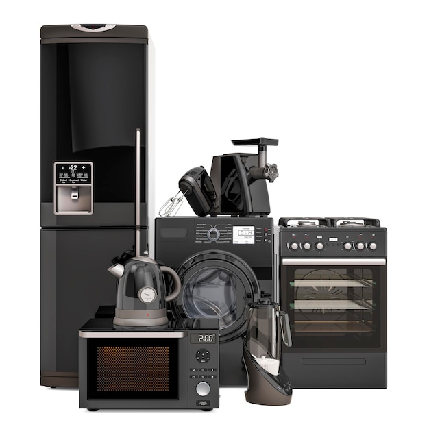 Satz schwarze Küchengeräte Waschmaschine Kühlschrank Gasherd Mikrowelle Fleischwolf Mixer Wasserkocher und wasserstoffreiche Wassermaschine 3D-Rendering