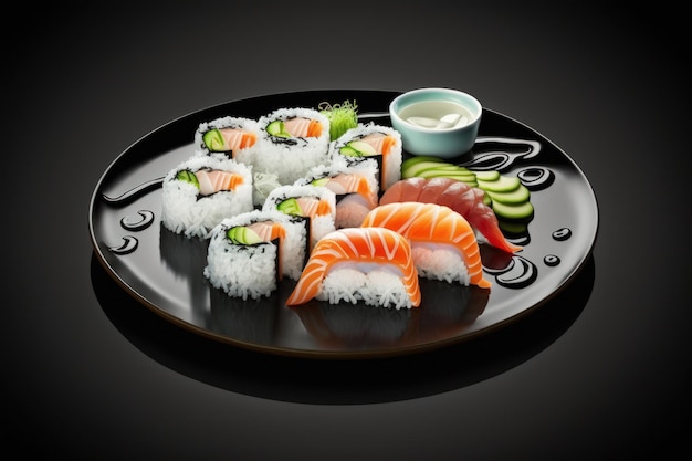 Satz Sushi-Rolle mit Lachs-Avocado-Frischkäse-Gurke-Reis-Thunfisch in Platte auf schwarzem Hintergrund