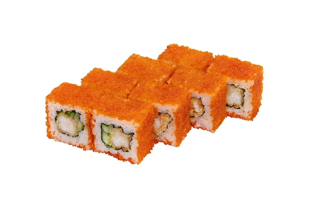 Satz Sushi-Rollen mit Meeresfrüchte-Frischkäse und rotem Kaviar mit fliegenden Fischen isoliert auf weiß