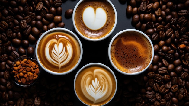 Satz Tassen unterschiedlichen Kaffees isoliert auf weißem Hintergrund, Draufsicht, erstellt mit generativer KI-Technologie