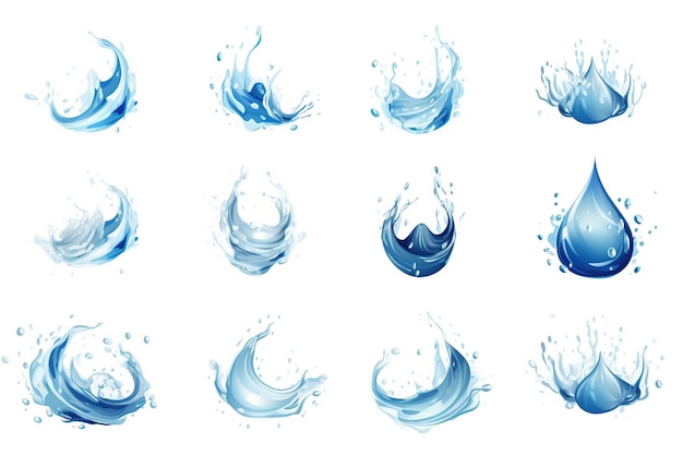 Satz verschiedener Wassertropfen und Spritzer auf weißem Hintergrund Generative KI