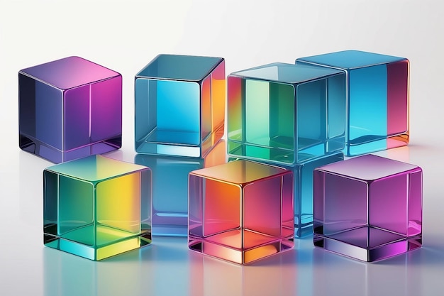 Satz von 3D-transparenten glänzenden Würfeln mit Dispersionseffekt Regenbogenfarben-Reflektionsglas