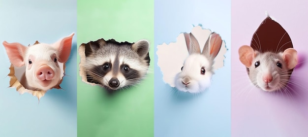 Satz von 4 Fotos von Schweine-Racoon-Hase und Maus, die überrascht durch ein Loch im Papier schaut