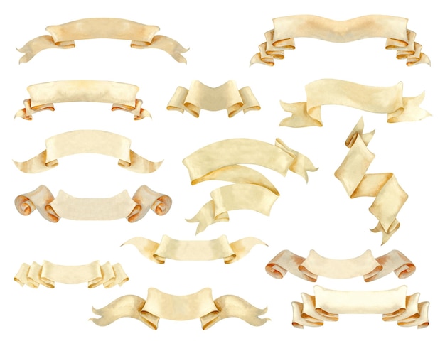 Satz von Aquarellpapier-Beige-Band-Banner-Elementen für mittellange Texte eines Vintage-Manuskripts