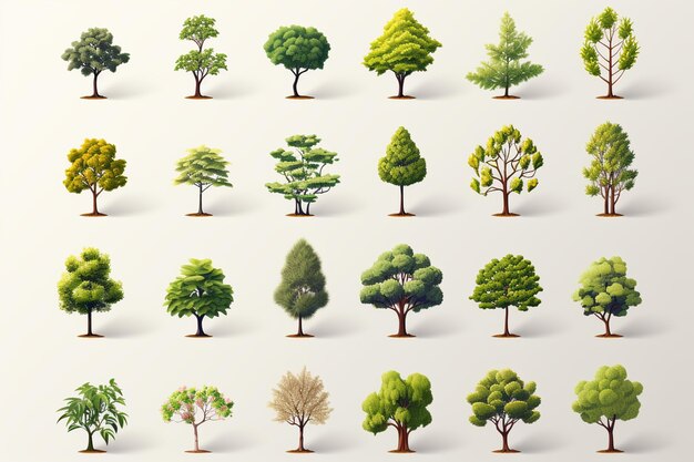 Satz von Baum-Ikonen, die auf weißem Hintergrund isoliert sind 3D-Illustration