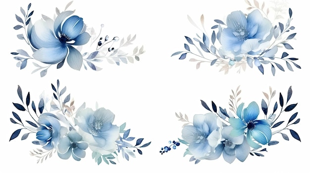 Satz von blau-grauen Aquarell-Blumenrahmen für Hochzeitseinladungen