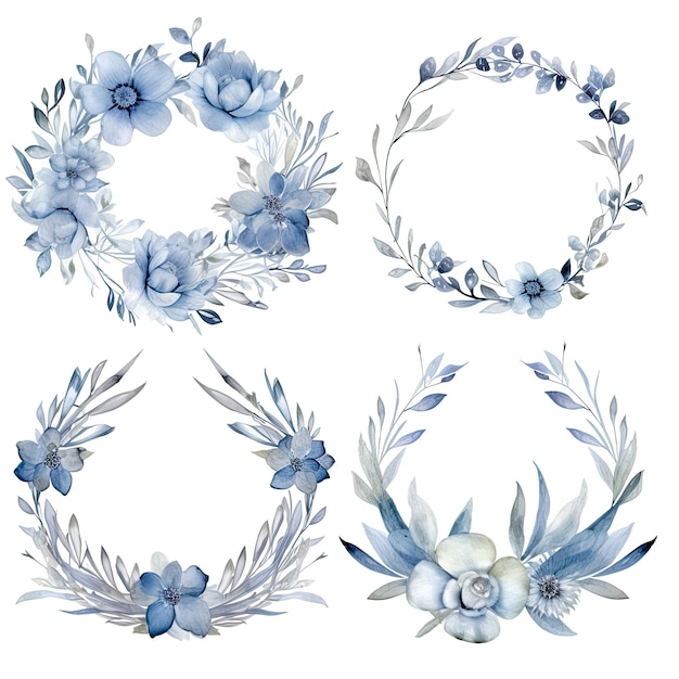 Satz von blau-grauen Aquarell-Blumenrahmen für Hochzeitseinladungen