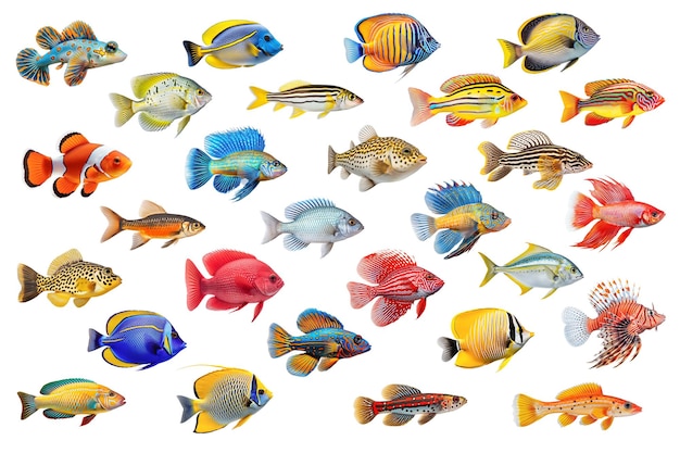 Foto satz von bunten aquarienfischen auf einem transparenten hintergrund seitlicher ansicht großer satz von verschiedenen