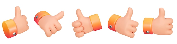 Foto satz von cartoon-menschenhänden daumen hoch für gutes feedback positives konzept social media wie symbol isoliert auf weißem hintergrund 3d-rendering