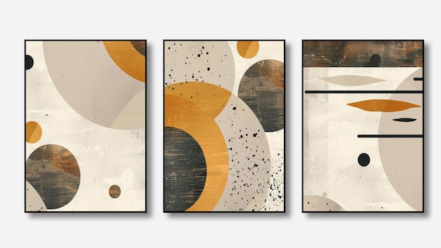 Satz von drei abstrakten minimalistischen Hintergründen mit handgezeichneten Illustrationen mit geometrischen Kunstmustern