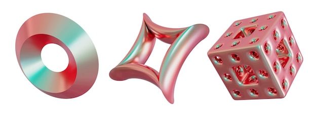 Satz von geometrischen 3D-Formen isoliert auf weißem Hintergrund Metallische holografische Farbe Trendige und futuristische Designelemente Schillernde Objekte 3D-Rendering