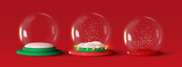 Satz von Glas-Schneekugel Weihnachtsdekoration Podium unter transparenter Glaskuppel mit weißer Schneeverwehung und leuchtender Girlande