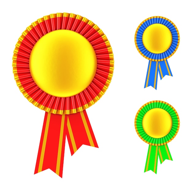 Satz von Golden Blank Award Ribbon Rosette auf weißem Hintergrund. 3D-Rendering.