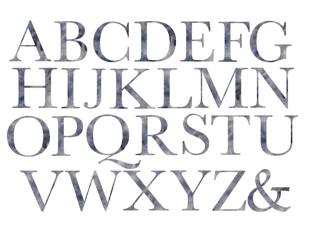 Satz von Großbuchstaben des englischen Alphabets mit Serifen und Aquarellfüllung isoliert auf weißem Hintergrund. Vintage-Buchstaben für die Gestaltung von Einladungen, Postkarten, Büchern, Zeitschriften