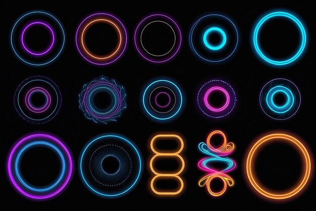 Satz von leuchtenden Neonfarbenkreisen in runde Kurvenform mit isolierten wellenförmigen dynamischen Linien