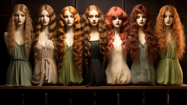 Satz von modernen weiblichen Jugendperücken, die auf Mannequins in einem Laden getragen werden. Illustration von Modetrends im Aussehen, die von KI generiert wurde