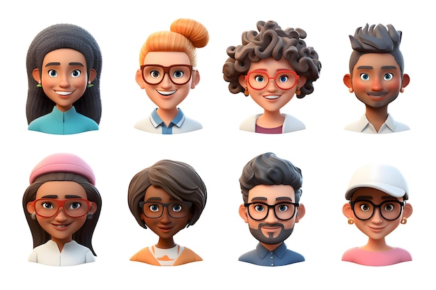 Foto satz von porträts von jungen menschen verschiedener geschlechter im 3d-stil 3d-avatar verschiedener charaktere