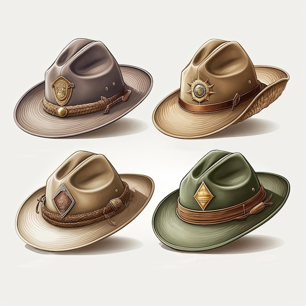 Satz von Ranger-Hut-Illustrationen auf weißem Hintergrund für Design AI