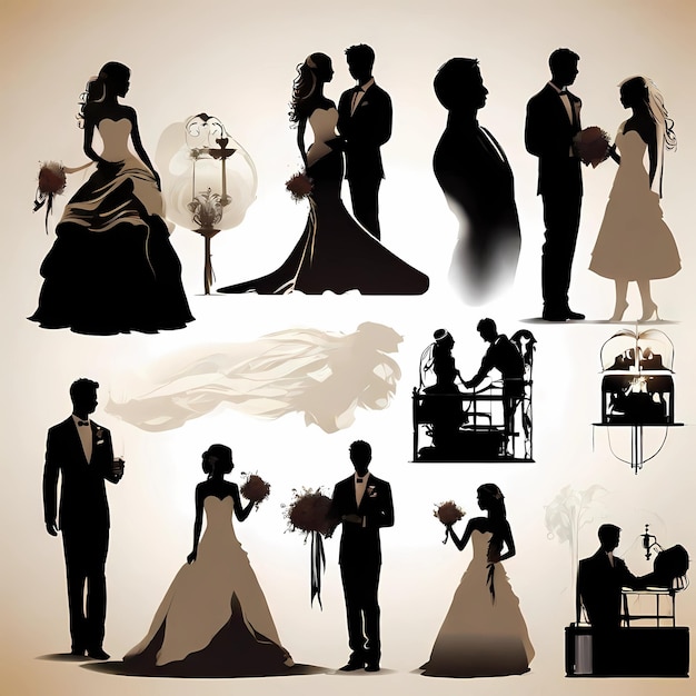Foto satz von silhouetten des bräutigams und der braut illustration eines glücklichen augenblicks einer hochzeitsveranstaltung