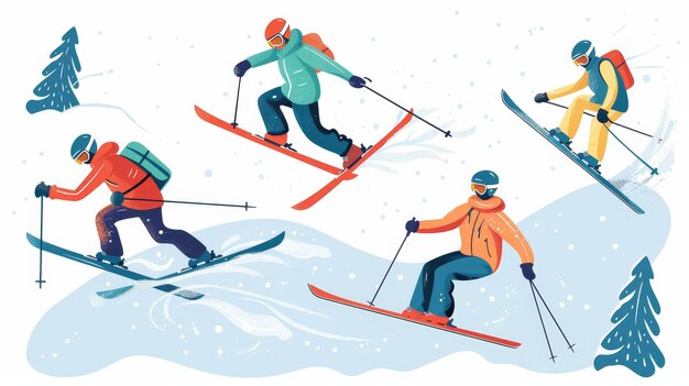 Foto satz von skifahrern in skigebieten menschen, die abwärts skieren, den hang hinunterrutschen, freeride-sprung im freien, schneebedeckte winterferien moderne illustration auf weißem hintergrund