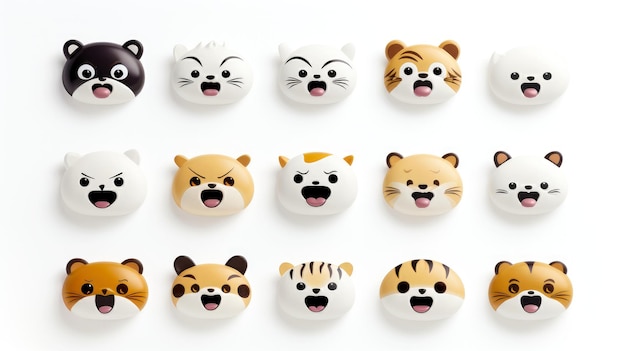 Satz von Tiergesichtern, Gesichtsemojis, Aufkleber, Emoticons, Cartoon lustige Maskottchen, Gesichtssatz, Generative KI-Illustration